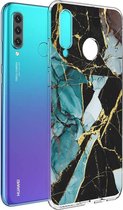iMoshion Hoesje Geschikt voor Huawei P30 Lite Hoesje Siliconen - iMoshion Design hoesje - Zwart / Meerkleurig / Blauw / Shattered Blue Marble