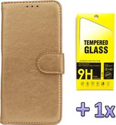 HB Hoesje Geschikt voor Samsung Galaxy A42 5G Goud - Luxe Kunstlederen Portemonnee Book Case & Glazen Screenprotector