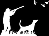 Autosticker/raamsticker - Jager met hond en geweer + Vogels - Sticker jacht - Sticker schadebestrijding - Wit
