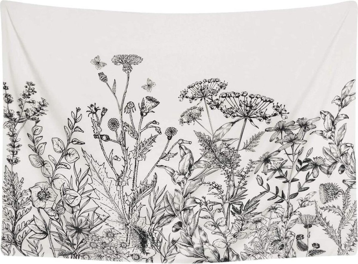 Ulticool - Natuur Bloemen Retro Vintage Zwart Wit - Wandkleed - 200x150 cm - Groot wandtapijt - Decoratie Landelijk Hangend Hangdecoratie Lente Zomer Poster - Vrouw Tiener Meisje