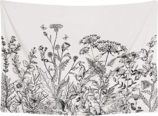 Ulticool - Nature Fleurs Retro Vintage Zwart Wit - Tapisserie - 200x150 cm - Groot tapisserie - Affiche