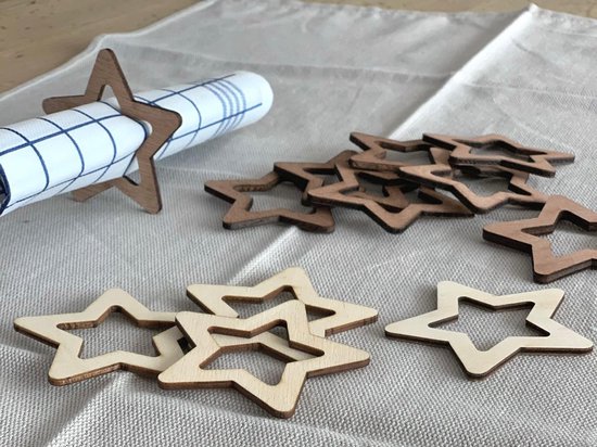 HOUTEN KERSTVERSIERING / WOODEN CHRISTMAS DECORATION - TAFELACCESSOIRES / TABLE ACCESSORIES - SERVETRINGEN STERREN / NAPKIN RINGS STARS (4 STUKS) - 7 x 7 - LICHT HOUT / NATURAL WOOD - Diner accessoires - Tafel decoratie - Kerstmis