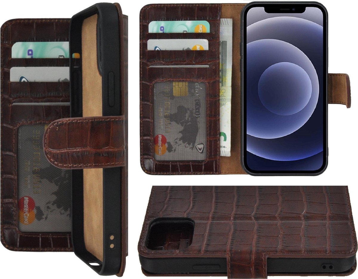 Geschikt voor Iphone 12 Mini Hoesje - Bookcase - Iphone 12 Mini Hoesje Book Case Wallet Echt Leer Croco Bruin Cover