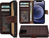 Iphone 12 Mini Hoesje - Bookcase - Iphone 12 Mini Hoesje Book Case Wallet Echt Leer Croco Bruin Cover
