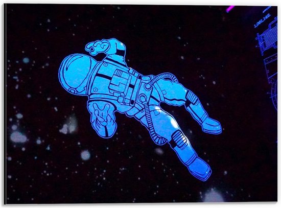 Dibond - Cartoon Astronaut in de Ruimte - 40x30cm Foto op Aluminium (Met Ophangsysteem)