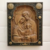 Byzantijnse uniek Icoon, Gegraveerd eiken hout, Handgeschilderd, Sint-Jozef, de Maagd Maria, het kind Jezus