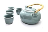 Theeset - Theeservies 5-delig keramiek - Handgemaakt en geschilderd theeservies - Theepot en 4 kopjes - Celadon blauw