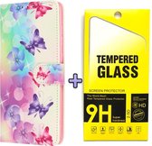 Samsung Galaxy S21 FE Hoesje met Print - Portemonnee Book Case - Kaarthouder & Magneetlipje - Bloemen & Vlinders & Glazen Screenprotector