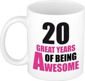 20 great years of being awesome mok wit en roze - cadeau mok / beker - 20e verjaardag / 20 jaar