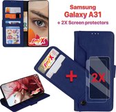 EmpX.nl Samsung Galaxy A31 Donker Blauw Boekhoesje en 2x Screen Protector | Portemonnee Book Case | Met Multi Stand Functie | Kaarthouder Card Case | Beschermhoes Sleeve | Met Pasjeshouder & 