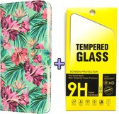 HB Hoesje Geschikt voor Samsung Galaxy S21 Plus met Print - Portemonnee Book Case - Kaarthouder & Magneetlipje - Tropische Bloemen & Glazen Screenprotector