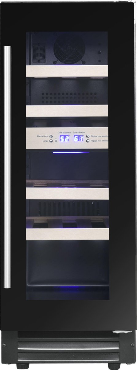 Le Chai LBN 178 - Wijnklimaatkast 2 zones - 29.5 cm breed - Zwart glas -17 Flessen - H 88 cm - 38 dB (Stil) - Inbouw of vrijstaand gebruik