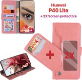 EmpX.nl Huawei P40 Lite Rose Goud Boekhoesje en 2x Screen Protector | Portemonnee Book Case | Met Multi Stand Functie | Kaarthouder Card Case | Beschermhoes Sleeve | Met Pasjeshoud