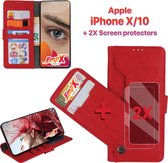 EmpX.nl Apple iPhone X/XS Rood  Boekhoesje en 2x Screen Protector | Portemonnee Book Case | Met Multi Stand Functie | Kaarthouder Card Case | Beschermhoes Sleeve | Met Pasjeshouder
