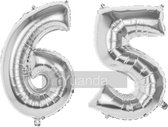 65 Jaar Folie Ballonnen Zilver - Happy Birthday - Foil Balloon - Versiering - Verjaardag - Man / Vrouw - Feest - Inclusief Opblaas Stokje & Clip - XL - 115 cm