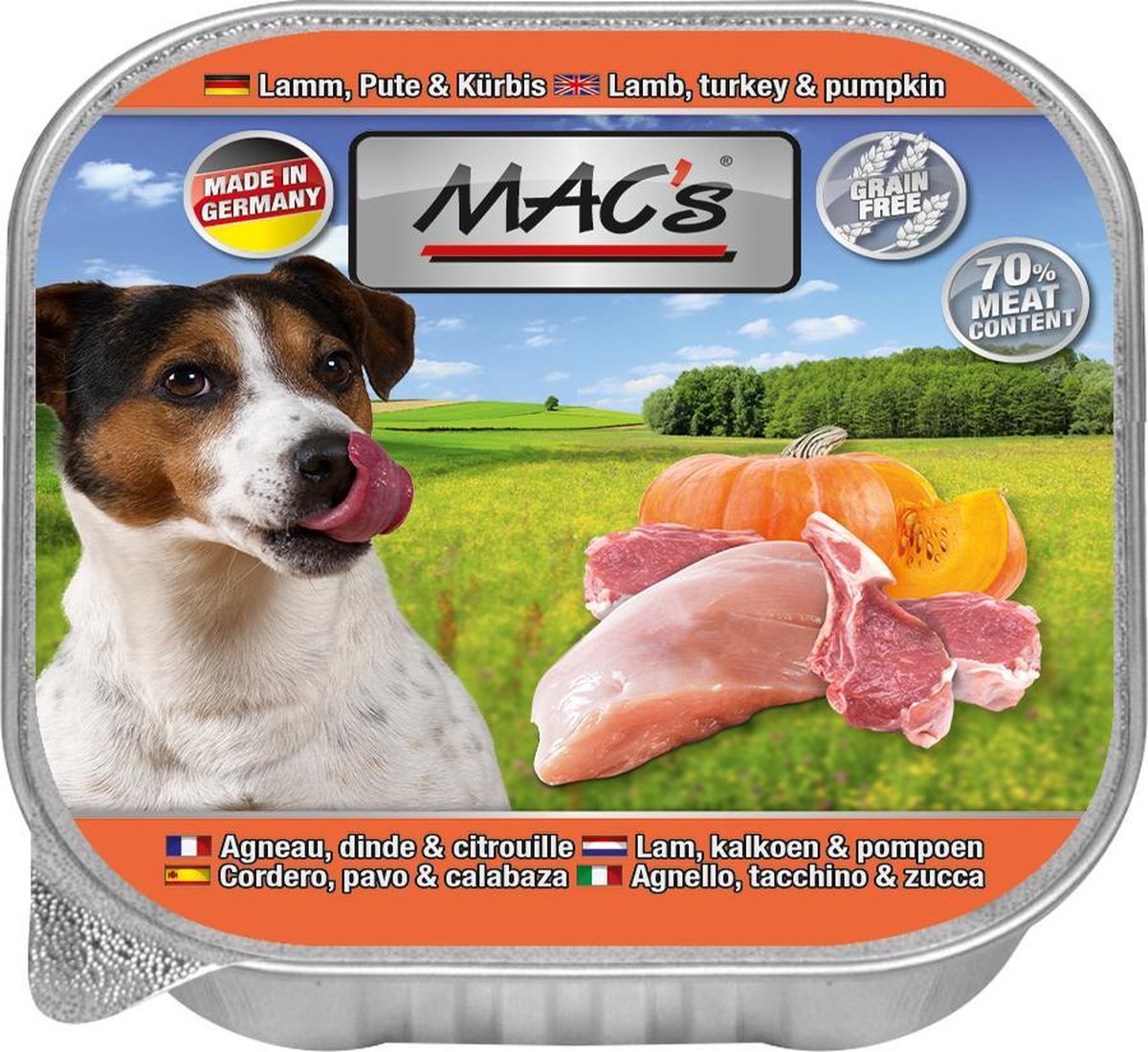 MAC's Hondenvoer Natvoer Vleeskuipje - 70% Lam, Kalkoen & Pompoen - 11 x 150 g
