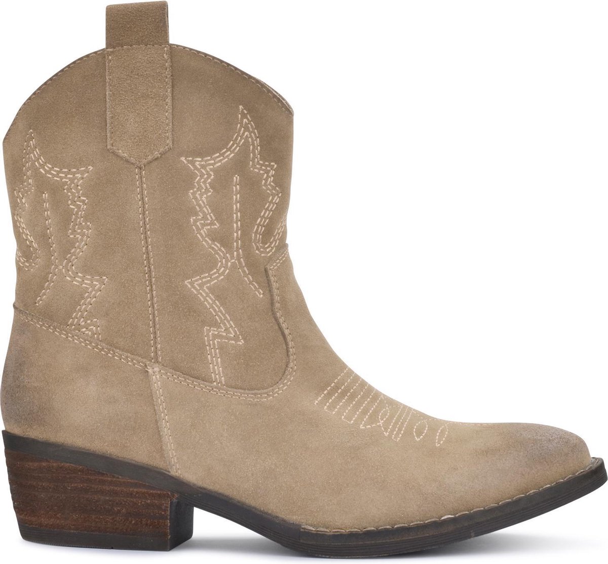 PS Poelman Bila Dames Leren Suéde Cowboy Western Enkellaarzen - Bruin Beige Taupe - Maat 39