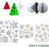 Kerst decoratie set, Honeycombs 6 stuks, raamstickers zilver, tafelkleed en servetten| kerstversiering | kerstdecoratie