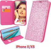 EmpX.nl Apple iPhone iPhone X/XS Boekhoesje Roze Glamour case | Siliconen | Glitter hoesje | Telefoonhoesje | Cadeau | bling bling case
