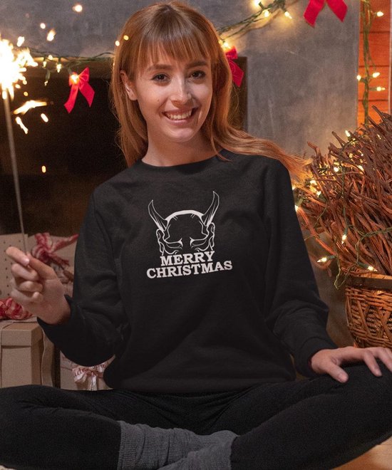 Foute Kersttrui Zwart Merry Horns Maat 2XL Kerstkleding voor dames heren bol