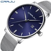 Hidzo Horloge CRRJU Quartz Ø 41 - Met Datumaanduiding - Zilver/Blauw - Staal - Inclusief Horlogedoosje