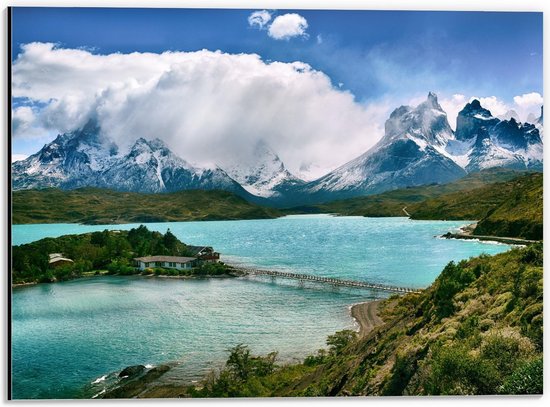 Dibond - Montagnes au bord de la mer avec maison et pont - Photo 40x30cm sur aluminium (Décoration murale murale métal)