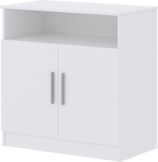 Schuine weergave van een witte commode met twee deuren, twee zilveren handvatten en een open vak erboven.
