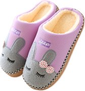 Geweo Home Sloffen - Pantoffels - Open Sloffen - Paashaas Instap Sloffen - Wollen Pantoffels - Antislip - Kerstmis - Kerstfeest - Christmas Gift - Dames - Purper - Maat 39/40