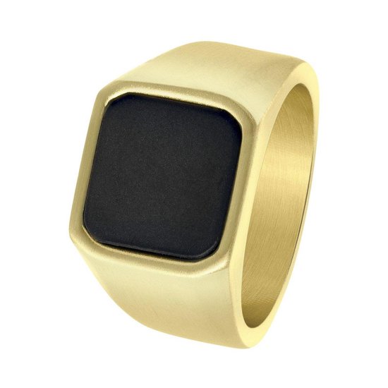 Lucardi Heren Goldplated zegelring met black agate - Ring - Cadeau - Vaderdag - Staal - Goudkleurig