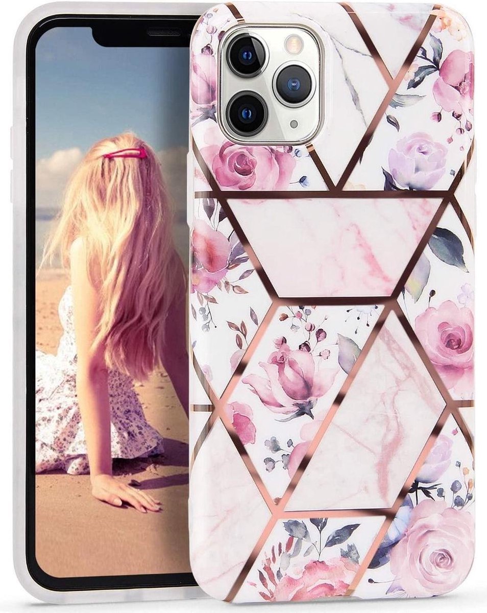 Geschikt voor Apple iPhone 12 Pro - Wit - Roze - Marmer - Bloemen - Soft TPU