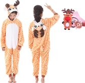 Onesie rendier- hert - eland dieren kostuum jumpsuit pyjama kinderen - 128-134 (130) + tas/sleutelhanger verkleedkleding