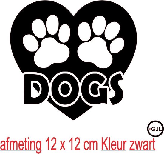Auto / raam sticker hart - hondenpoot - hond - dog - dogs   afmeting 12 x 12 cm  Kleur zwart