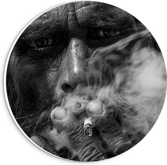 Forex Wandcirkel - Rokende man Zwart - Wit - Foto op Wandcirkel (met ophangsysteem)