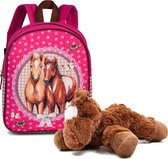 Rugtas Paarden-Peuter rugzak Roze 29cm hoog , incl. pluche Paardenknuffel donkerbruin 18 cm lang
