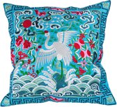 Fine Asianliving Kussenhoes Volledig Geborduurd Blauw Kraanvogel 45x45cm Zonder Vulling