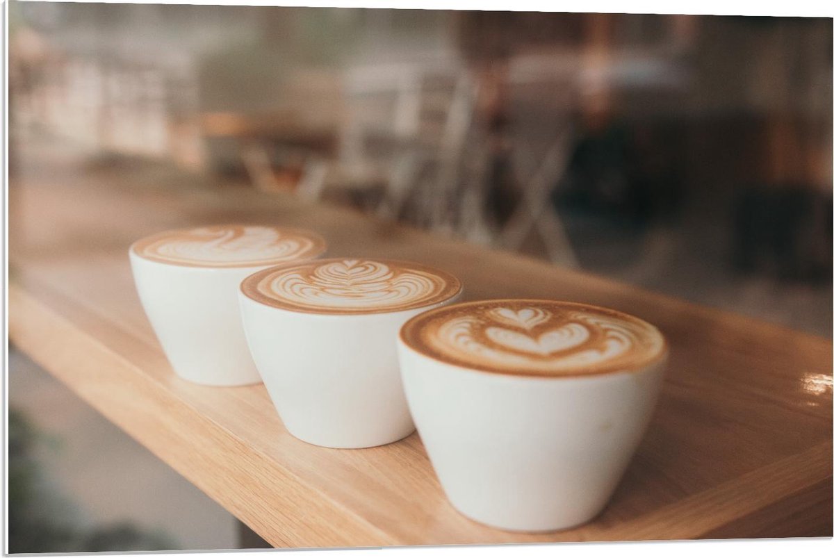 Forex - Kopjes Koffie met art - 90x60cm Foto op Forex