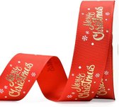 Kerst Lint 25mm (2,5cm) | Luxe Grosgrain Lint Ripsband | Sneeuwvlok Merry Christmas | Rood Goud | Kerstlint | Cadeaulint | Rol: 10 Meter