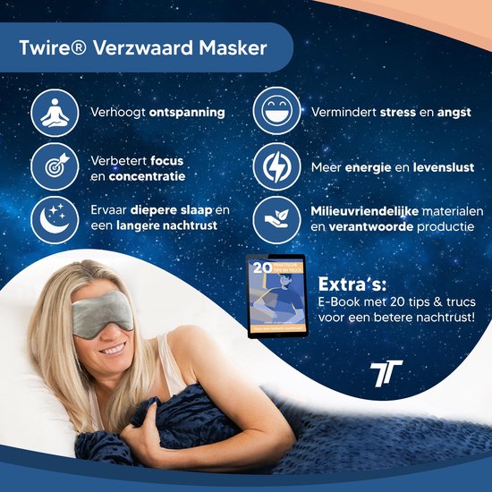 Twire® Premium Verzwaard slaap masker - Voor volwassenen - Inclusief oordopjes - Voor diepere slaap - 270gr - Grijs - TWIRE®