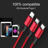 3 in 1 Usb Nylon Kabel - Usb Type C, Lightning, Micro Usb - 120 cm - ook voor iPhone & Android - Snelladen -  Laadsnoer - Laadkabel - GSM - Opladen - Auto - Zwart - Fast Charge