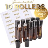 Rollerflesjes dik glas 10ml leeg 10 stuks – Amber -Essentiële olie roller -  Rollerflesje - Parfumroller - Roll-on fles - Rvs bal + 1 x Bonus vel met 24 gouden stickers (SJP)