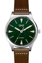 Q&Q heren horloge met groene wijzerplaat en bruin lederen band QB90J312