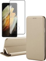 Hoesje geschikt voor Samsung Galaxy S21 Ultra - Screen Protector FullGuard - Book Case Leer ThinShield Goud & Screenprotector