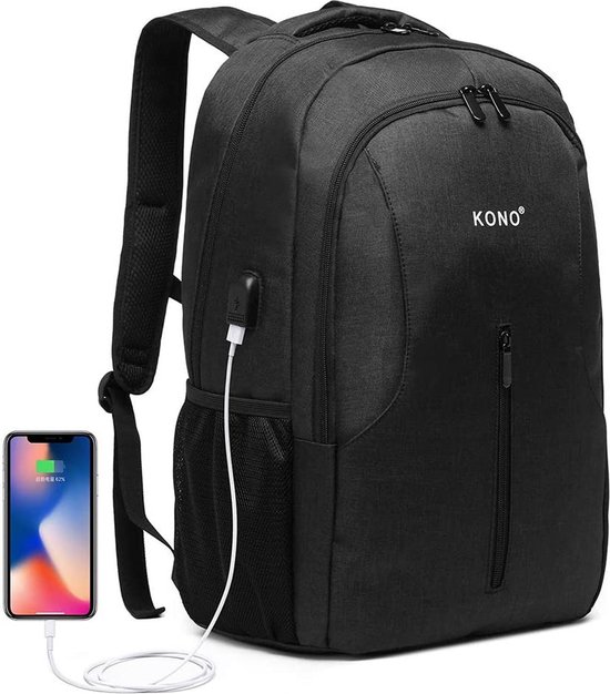 Kono Backpack - Sac pour ordinateur portable avec station de chargement USB - Sac à dos 21 L pour homme / femme - Sac à dos étanche - Sac pour École/ travail / Voyages - Zwart (E6904BK)