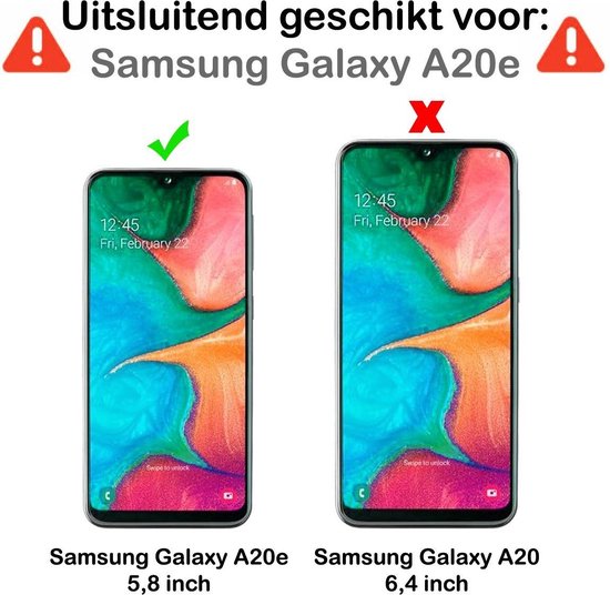 Vergelijking: Samsung Galaxy A20e (5,8 inch) past, Samsung Galaxy A20 (6,4 inch) past niet.