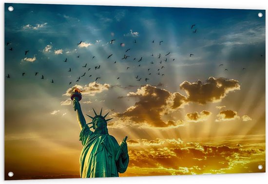 Tuinposter – Vrijheidsbeeld met Zon en Vogels - 120x80cm Foto op Tuinposter  (wanddecoratie voor buiten en binnen)