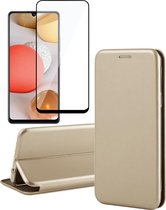 Hoesje geschikt voor Samsung Galaxy A42 - Screen Protector FullGuard - Book Case Leer ThinShield Goud & Screenprotector