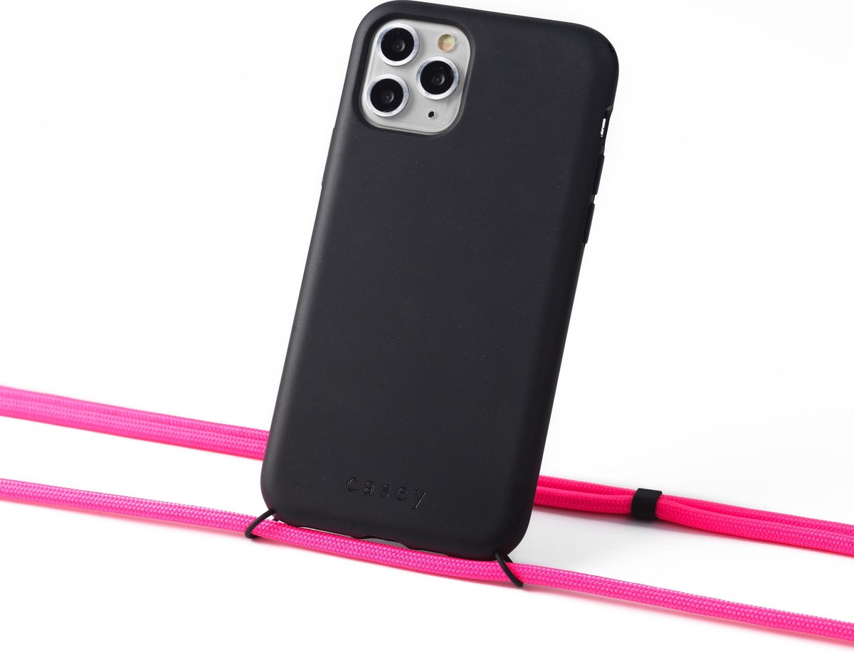 Duurzaam hoesje zwart Apple iPhone 12 mini met koord neon pink