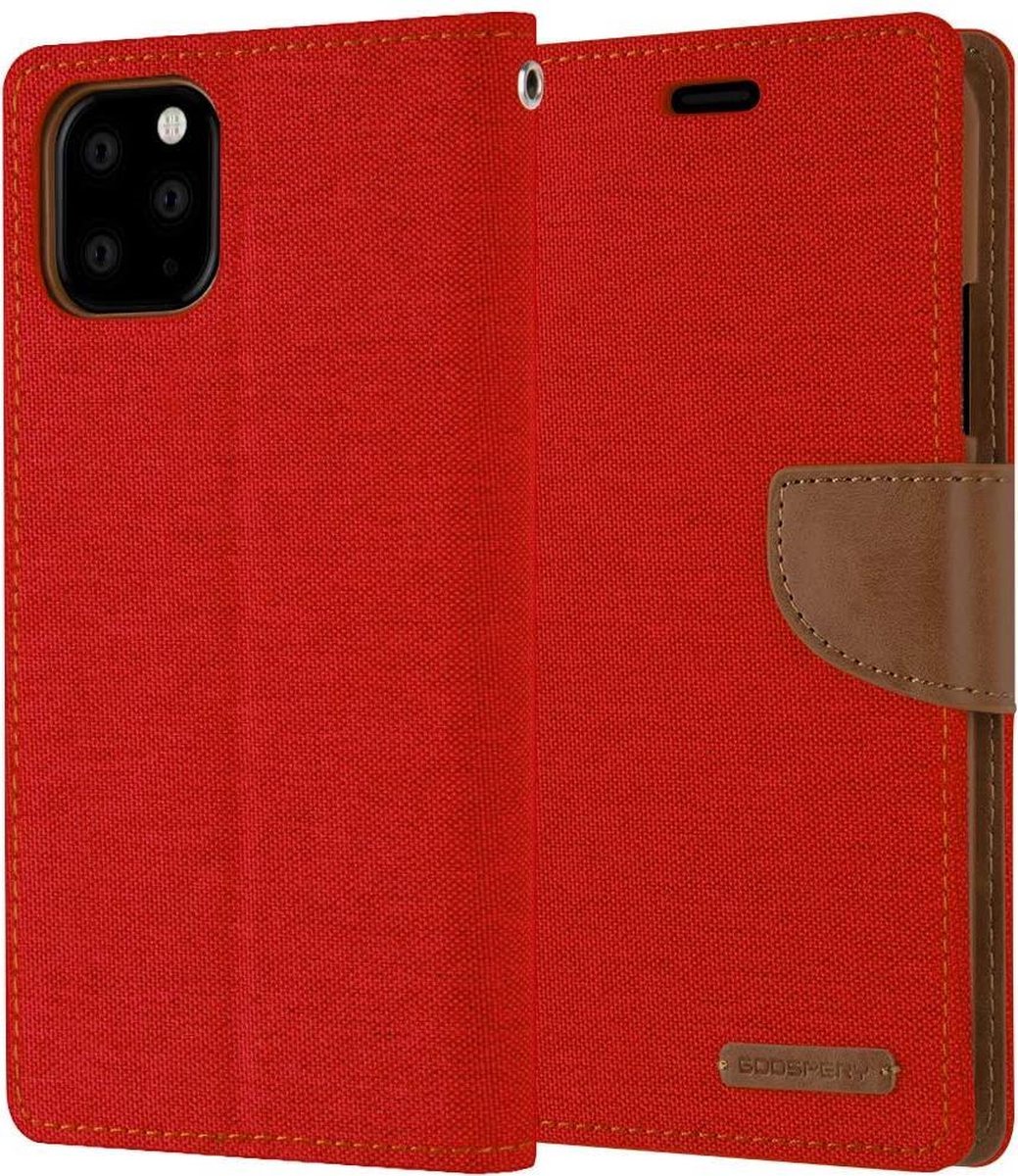Geschikt voor Apple iPhone 12 Pro Denim Bookcase - Rood - Spijkerstof - Portemonnee hoesje