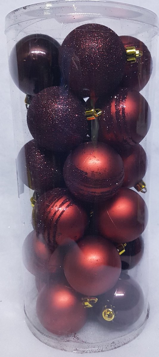 Totally Christmas | Kerstbal 6 cm | Kerstballen | Mix Koker | Mat - Glanzend - Glitter | 24 stuks | Ruby Red
