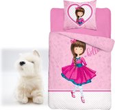 Meisjes Dekbedovertrek - rode jurk - roze hart - 1persoons 140x200 - incl. pluche Hond witte Terrier 20cm